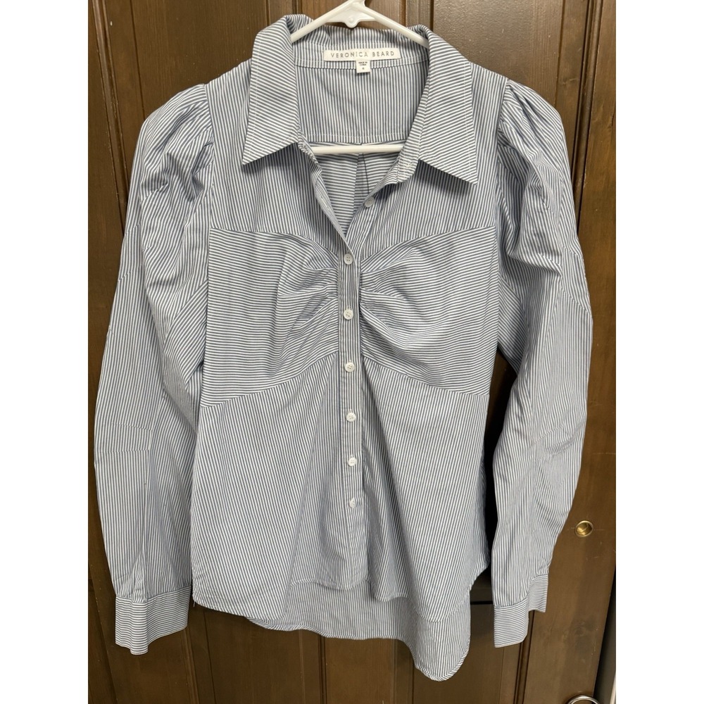 Veronica Beard size 6 blue stripe long puff sleeve button up career wear blouse